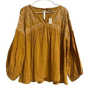 NEW! Women's WORLD MARKET Embroidered Balloon Sleeve Peasant Top Mustard L / XL